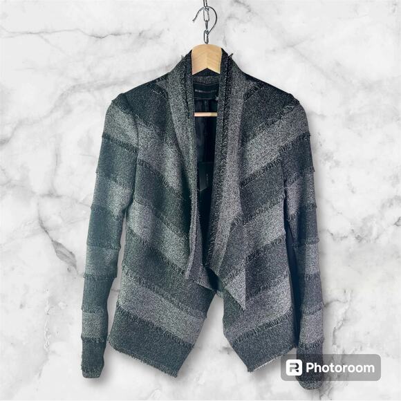 BCBGMaxAzria NWT Women's XXS Aubree Black & Gray Open Front Jacket Lined Fringe - Picture 1 of 11